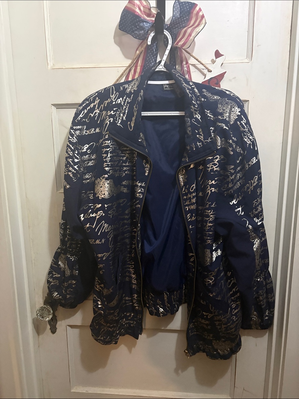 LF Navy Bomber Jacket with Metallic Script Print